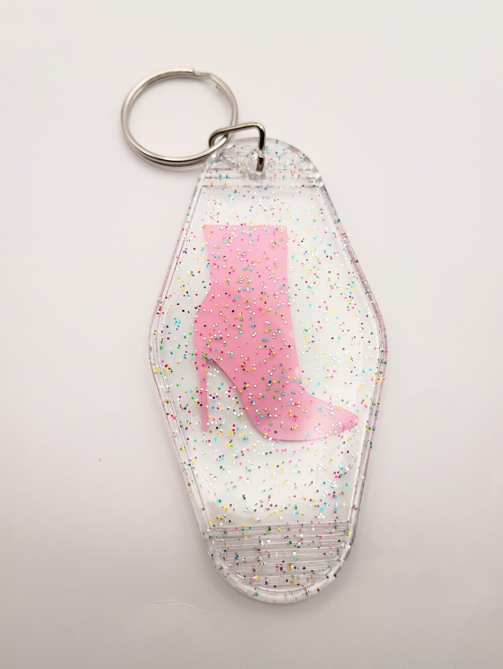 Pink High Heel Boot Keychain - Glitter Acrylic Key Ring - Picture 3 of 3